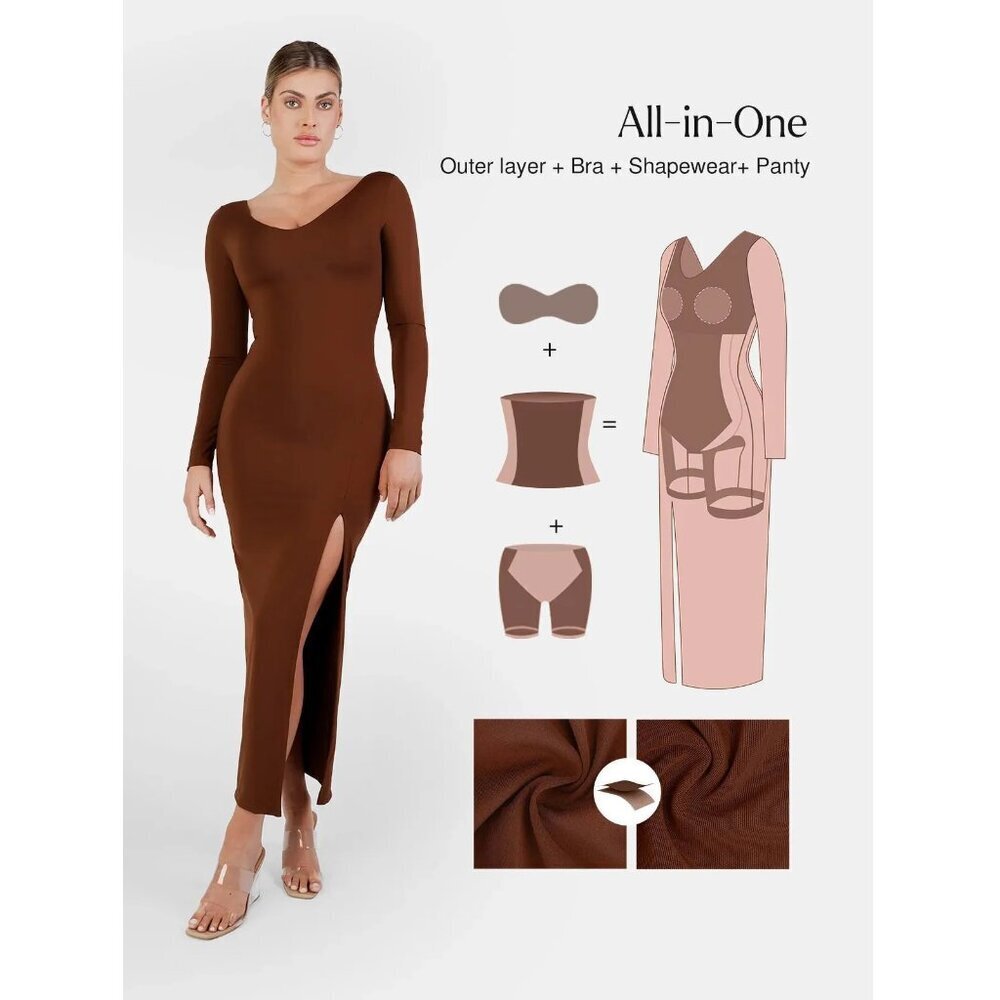 NWT New Popilush Shapewear Long Sleeve V-Neck Low Back Maxi Brown Dress Size M - Picture 4 of 11